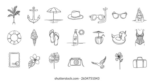 A set of black hand-drawn line icons on the theme of vacation and beach relaxation, a bundle of vector symbols with the sea, tourism, and travel, isolated on a white background