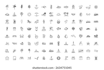 A set of black hand-drawn line icons on the theme of vacation and beach relaxation, a bundle of vector symbols with the sea, tourism, and travel, isolated on a white background