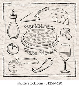 Set of black hand-drawn pizza cooking tools and ingredients on crumpled paper background vector illustration