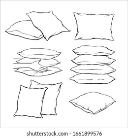 Set of black hand-drawn sketch style pillows - one, two, stack of four, hand holding pile of three pillows, vector illustration isolated on white background. Set of hand-drawn, sketch style pillows