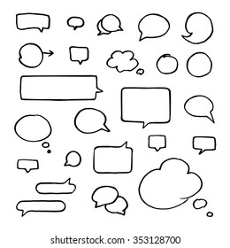 Set of black hand-drawn talking bubbles isolated on white background. Communication, speech and thoughts vector signs collection