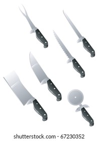 set of black handled kitchen knives including bread, cleaver, kitchen, fillet, pizza wheel and fork