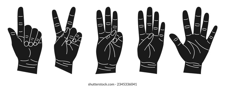 Set of black hands with different gestures. Hands show one, two, three, four, five. Hand drawn vector illustration isolated on white background.