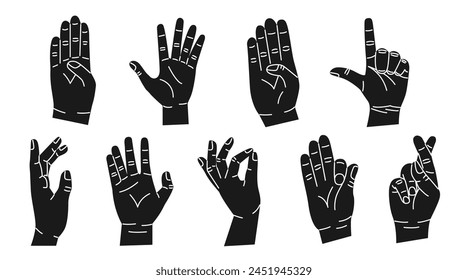 Set of black hands with different gestures. Modern trendy flat style. Hand drawn vector illustration. Hands show different signs and symbols. Body language for communication. On white background