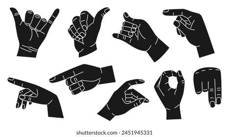 Set of black hands with different gestures. Modern trendy flat style. Hand drawn vector illustration. Hands show different signs and symbols. Body language for communication. On white background