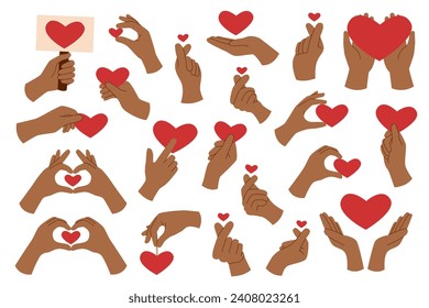 Set of black hands holding hearts isolated on white background. Love and care concept. Valentines day.	