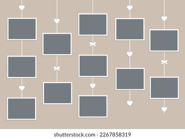Set von schwarzen hängenden Fotorahmen auf beigem Hintergrund. Vektorrealistisches Muster. 12 horizontale Fotokarten mit weißem Rand, Herzen und Bögen. Leere Vorlage für Collagen, Visitenkarten-Design. EPS10