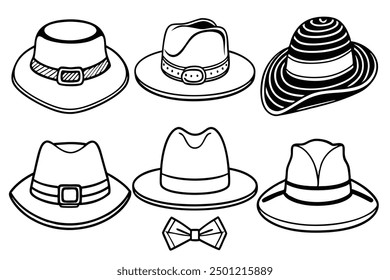 Set of Black Hat Styles vector illustration, Line Art, Outline hand drawing Silhouette Collection