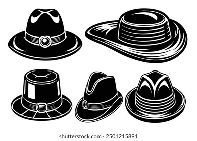 Set of Black Hat Styles vector illustration, Line Art, Outline hand drawing Silhouette Collection