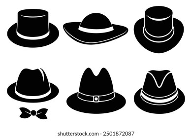 Set of Black Hat Styles vector illustration, Line Art, Outline hand drawing Silhouette Collection