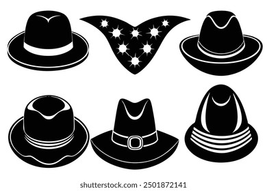 Set of Black Hat Styles vector illustration, Line Art, Outline hand drawing Silhouette Collection