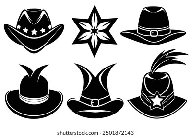 Set of Black Hat Styles vector illustration, Line Art, Outline hand drawing Silhouette Collection