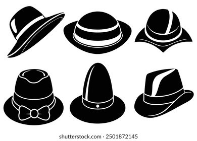 Set of Black Hat Styles vector illustration, Line Art, Outline hand drawing Silhouette Collection