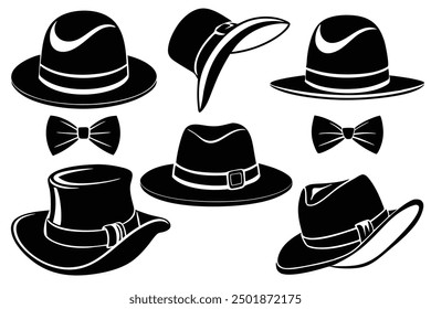 Set of Black Hat Styles vector illustration, Line Art, Outline hand drawing Silhouette Collection