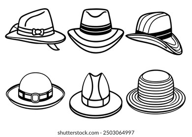 Set of Black Hat Styles vector illustration, Line Art, Outline hand drawing Silhouette Collection