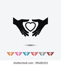 set of black heart in hand vector icon orange pink blue red gray brown