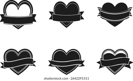 Set of Black Heart with Ribbon Banner – Customizable Vector Illustration