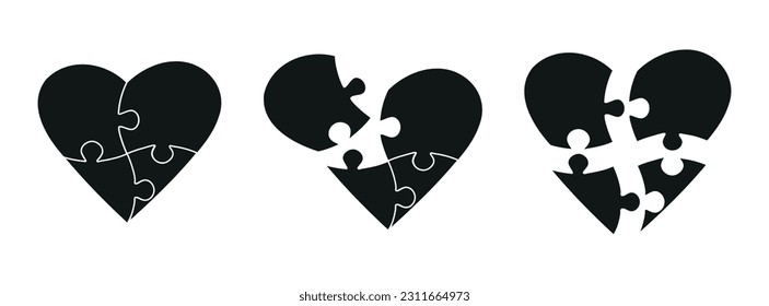 Set of black heart shaped puzzle pieces. Puzzle jigsaw on white background. Symbol of Valentine's Day. Symbolic pieces of the autism puzzle. Vector illustration