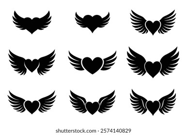 Set of black heart with wings on white background. Silhouette heart icon with two wings.