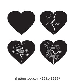 Set of black hearts. Broken heart with cracks and medical bandage. Love, betrayal and forgiveness concept. Silhouettes, monochrome design isolated on white background. Vector illustration