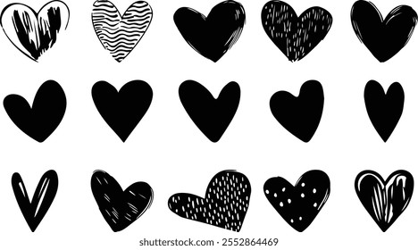 Set of black hearts in different pose. Collection of heart illustration with different style. Heart silhouette