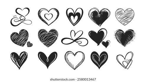 Set of black hearts in different pose. Collection of heart illustration with different style .Vector symbol icon set. Big set of stylized festive black hearts white background 