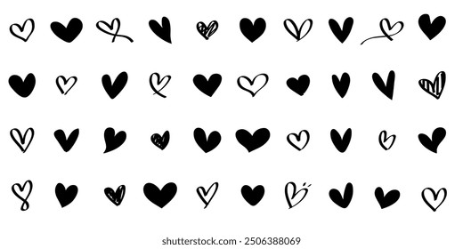 Set of black hearts in different poses. hand drawn heart illustrations with different styles.