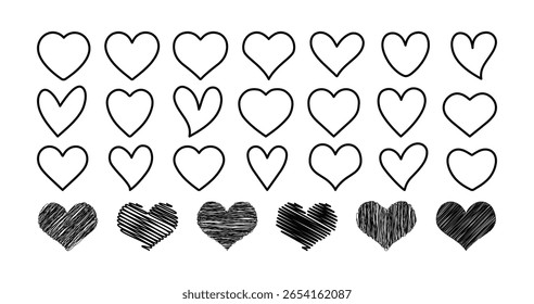 Set of black hearts in different shapes. Collection of heart illustration with different style. Marker, doodle, hand drawn.Set of hearts in black color, heart icons set vector, set of hearts different