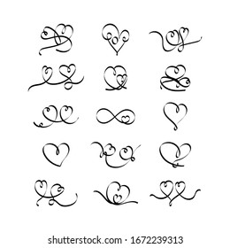 Conjunto de corazones negros. Línea de forma del corazón. La mano atrajo corazones aislados sobre fondo blanco. Ilustración vectorial.