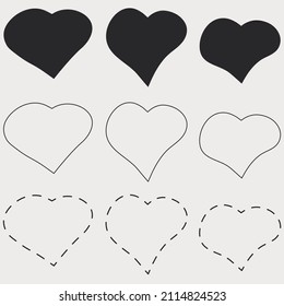 Set of black hearts. Heart shapes in three versions. Dotted hearts and a solid line, as well as filled inside.