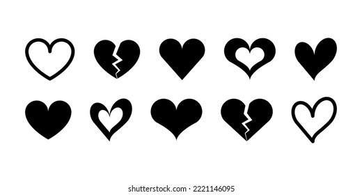 Set of black hearts icons. Black heart shapes on white background. Love symbols. Flat heart silhouettes vector. Valentine's day. Vector illustration