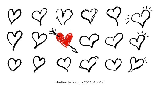 Set of black hearts and one red heart pierced by arrows. Symbols of love shapes silhouettes in marker or paint stroke style. Crayon or wax pencil drawing doodle elements. Vector illustration