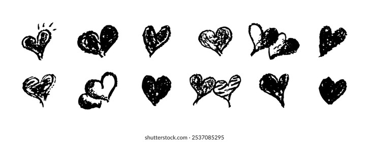 Set of black hearts signs drawn by wax pencil. Love symbols in doodle style. Collection of hand drawn kid hearts elements for valentine card or rock, hip hop music poster design. Vector illustration.
