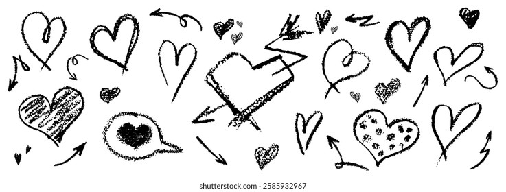 Set of black hearts signs drawn by wax pencil. Love symbols in doodle style. Collection of hand drawn kid hearts elements for valentine card or rock, hip hop music poster design. Vector illustration.