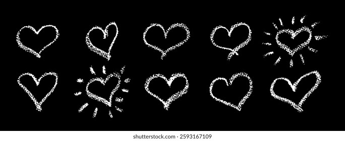 Set of black hearts signs drawn by wax pencil. Love symbols in doodle style. Collection of hand drawn kid hearts elements for valentine card or rock, hip hop music poster design. Vector illustration