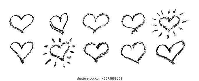 Set of black hearts signs drawn by wax pencil. Love symbols in doodle style. Collection of hand drawn kid hearts elements for valentine card or rock, hip hop music poster design. Vector illustration