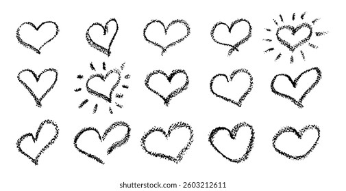 Set of black hearts signs drawn by wax pencil. Love symbols in doodle style. Collection of hand drawn kid hearts elements for valentine card or rock, hip hop music poster design. Vector illustration.