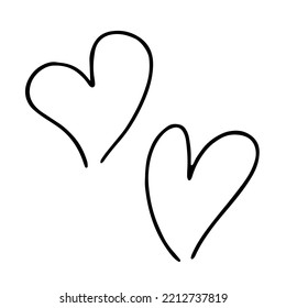 Set of black hearts simple hand drawn line art in sketch style icons