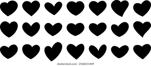 Set of black hearts, simple icons isolated on transparent background. Set of love symbols isolated. Heart Black Love Logo Variations. Various simple vector heart love icon. Valentine's Day, medicine