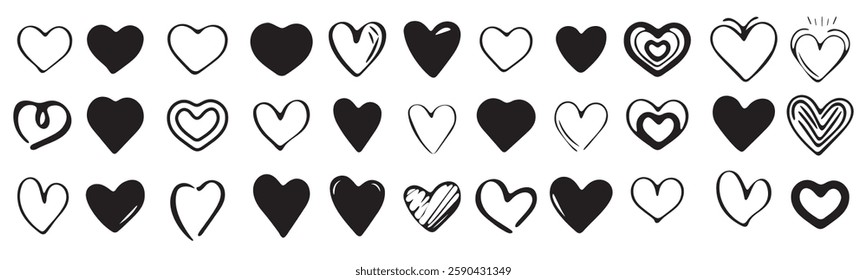 Set of black hearts, simple icons isolated on transparent background. Set of love symbols isolated. Heart Black Love Logo Variations. Various simple vector heart love icon. Valentine's Day, medicine