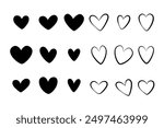 Set of black hearts, stylized hearts of different shapes on a white background. Hearts for Valentine