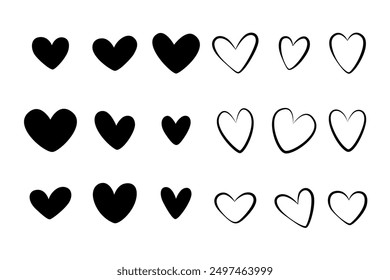 Set of black hearts, stylized hearts of different shapes on a white background. Hearts for Valentine's Day. Vector illustration. Love romance and wedding symbols