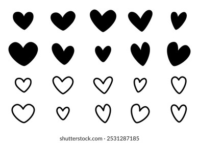 Set of black hearts, stylized hearts of different shapes on a white background. Hearts for Valentine's Day. Vector illustration. Love romance and wedding symbols