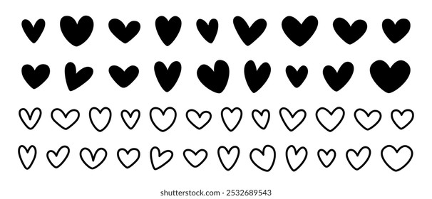 Set of black hearts, stylized hearts of different shapes on a white background. Hearts for Valentine's Day. Vector illustration. Love romance and wedding symbols