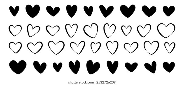 Set of black hearts, stylized hearts of different shapes on a white background. Hearts for Valentine's Day. Vector illustration. Love romance and wedding symbols