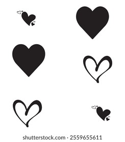 Set of black hearts, stylized hearts of different shapes on a white background. Hearts for Valentine's Day. Vector illustration. Love romance and wedding symbols