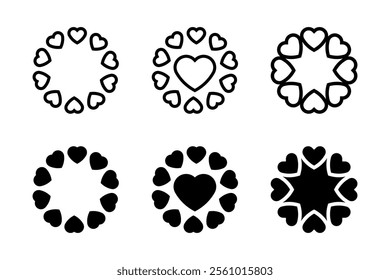 Set of black hearts, stylized hearts of different shapes on a white background. Hearts for Valentine's Day. Vector illustration. Love romance and wedding