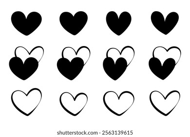 Set of black hearts, stylized hearts of different shapes on a white background. Hearts for Valentine's Day. Vector illustration. Love romance and wedding symbols