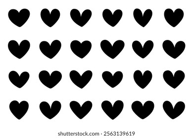 Set of black hearts, stylized hearts of different shapes on a white background. Hearts for Valentine's Day. Vector illustration. Love romance and wedding symbols