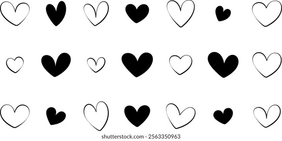 Set of black hearts, stylized hearts of different shapes isolated from the background. Valentine's Day hearts. Vector illustration. Symbols of love, romance and wedding